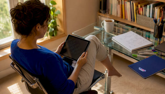 Woman browsing online toy store alternatives on tablet