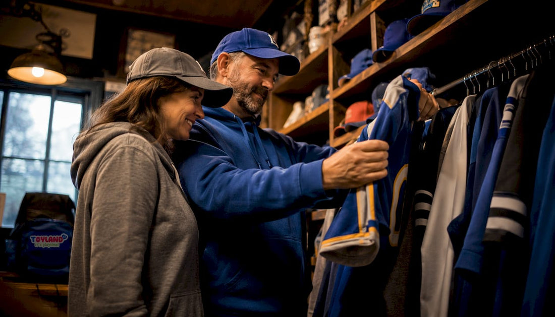 Couple shopping for Big Ten sports apparel
