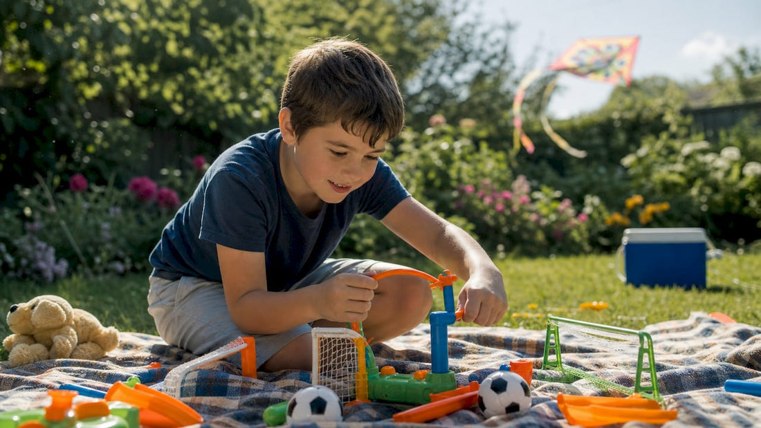 Child assembling sports-themed toy indoors