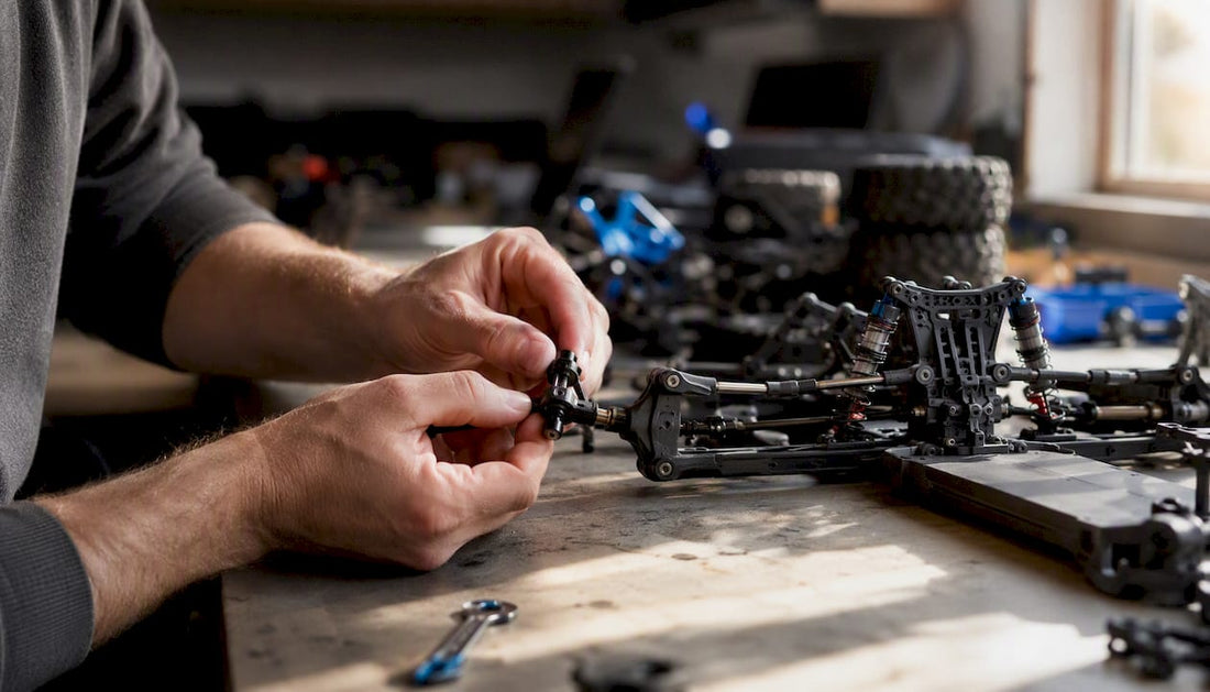 Hands assembling RC vehicle parts