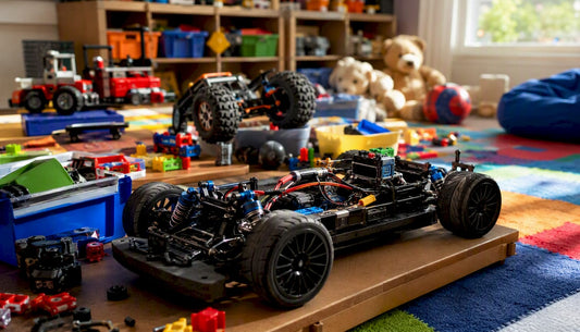 Various sized RC car parts on workbench
