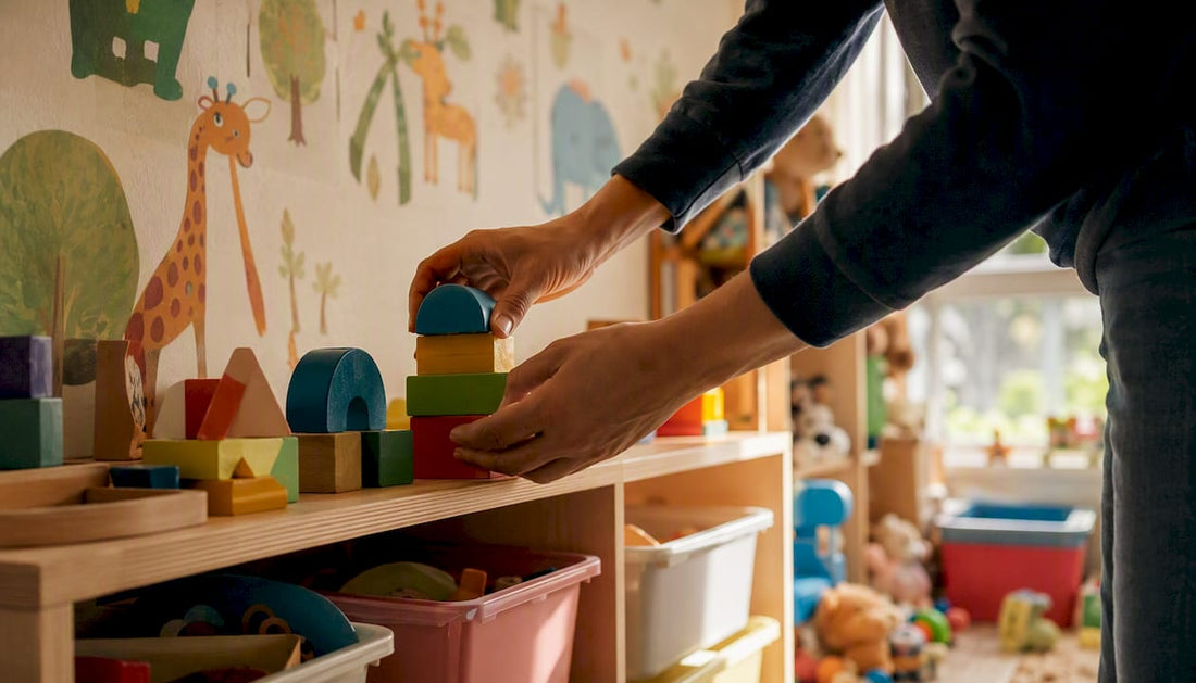 Parent's hands rotating toys on child's shelf