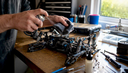 Hands cleaning RC car axles and driveshafts