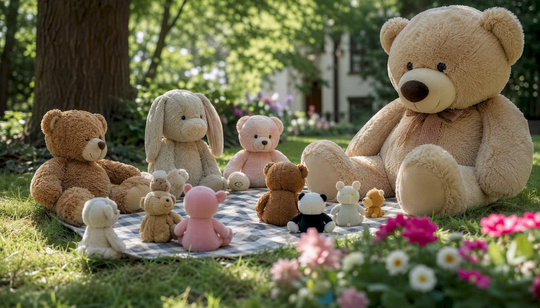 Plush toys size range displayed standing