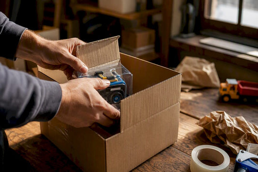 Hands packing lithium battery toy for shipment