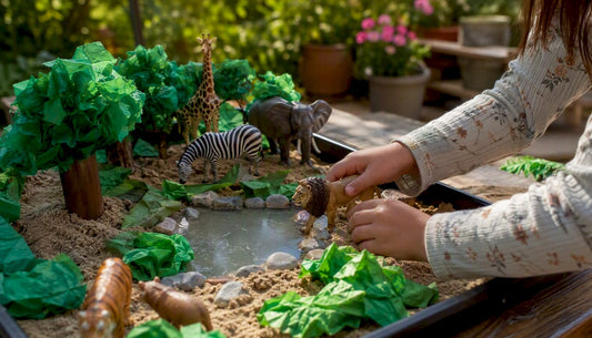 Child hands placing toy animals in habitat playset