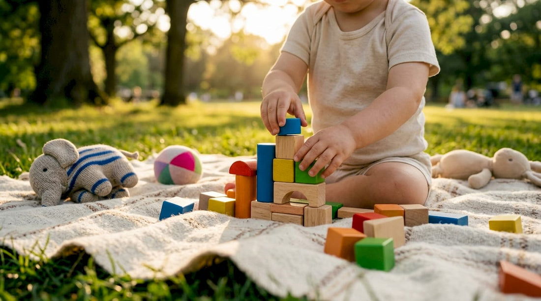 Toddler stacking colorful wooden blocks