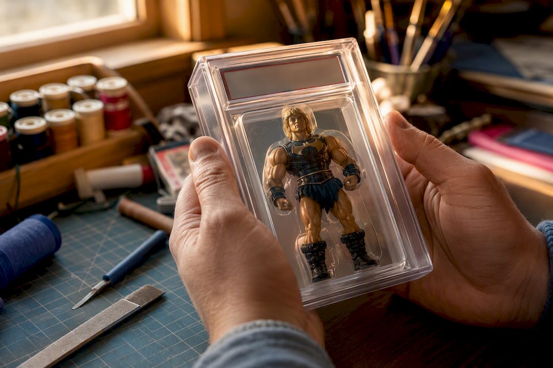 Hands holding graded action figure in plastic case