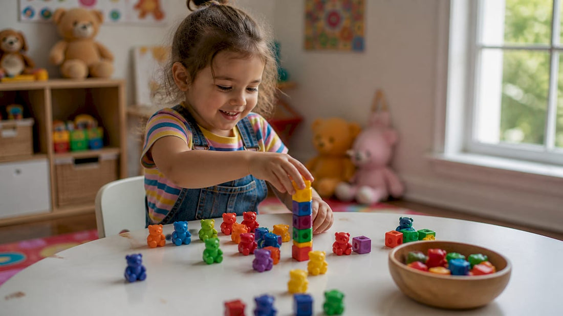 Child playing with colorful math toys