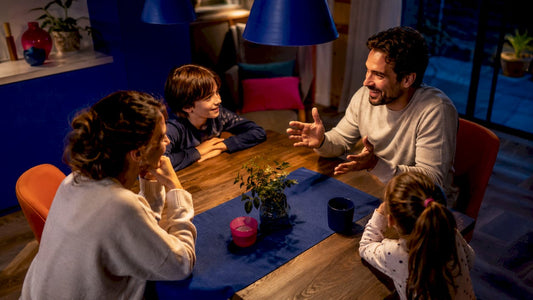Family taking turns in a quick storytelling game