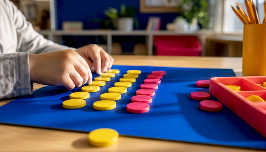 Hands arranging counters into multiplication arrays