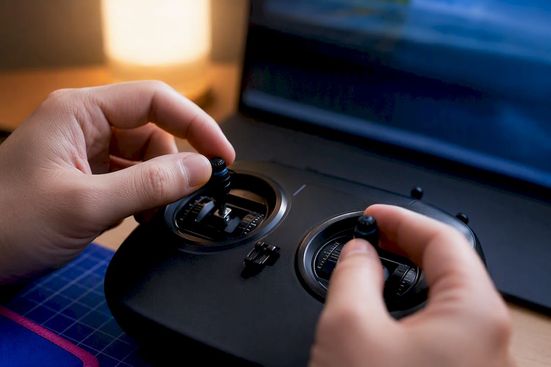 Hands practicing RC transmitter stick controls