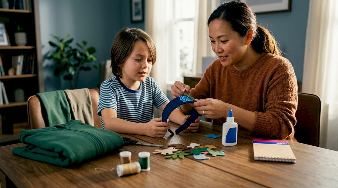 Parent and child making a no-sew costume