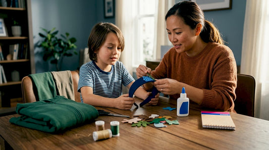 Parent and child making a no-sew costume