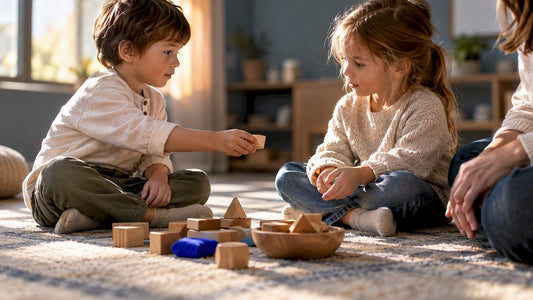 Children practicing turn-taking with shared play pieces