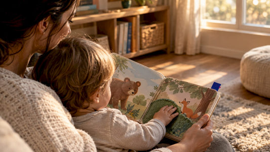 Parent reading board book with toddler
