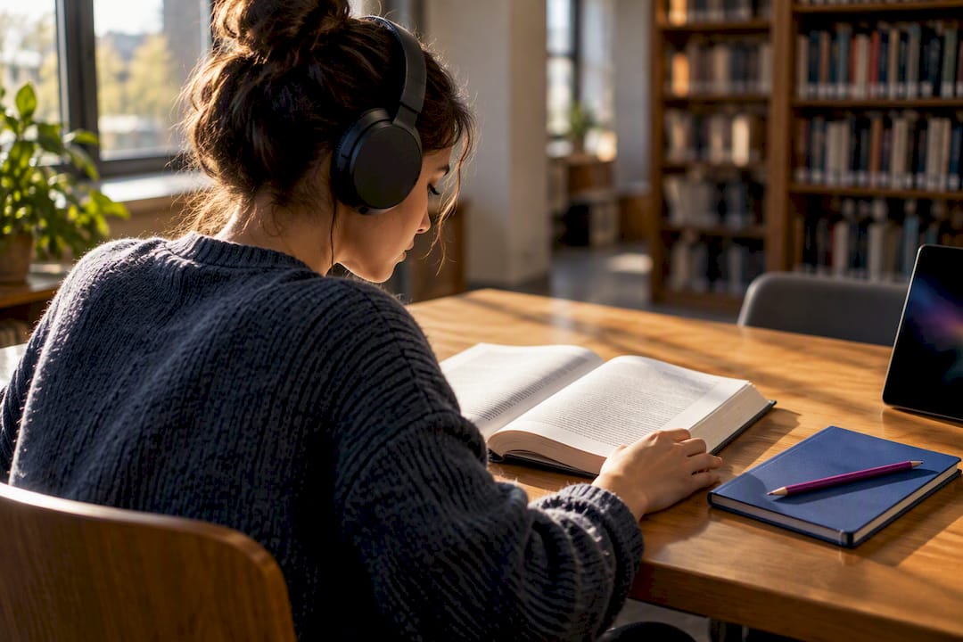 Student studying with headphones in library
