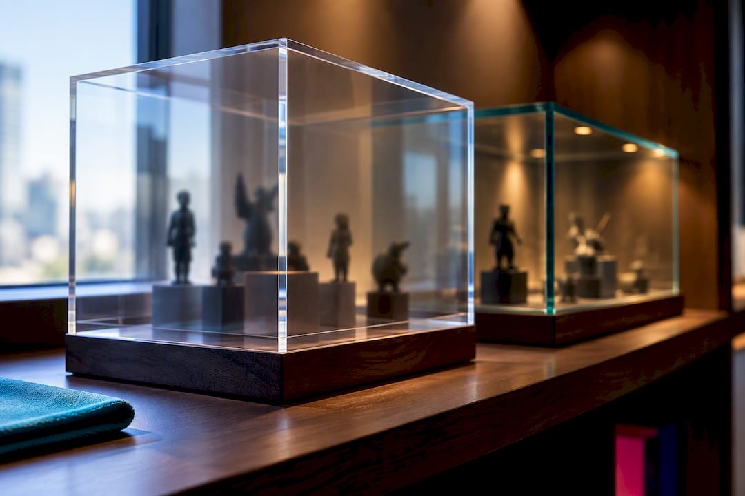 Acrylic and glass display cases side by side