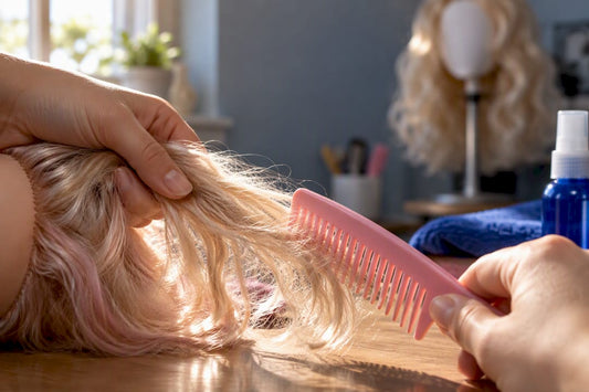 Hands gently detangling doll hair at roots