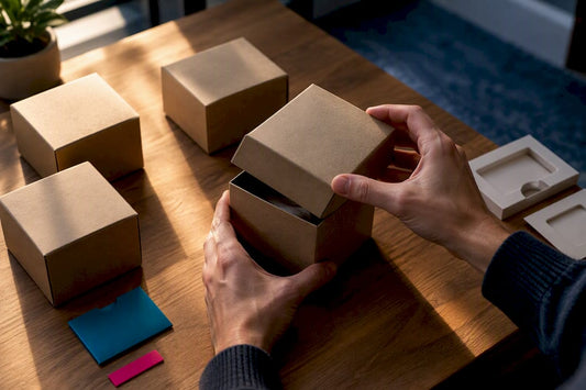 Hands opening anonymous blind boxes