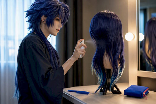 Cosplayer misting wig before convention photos