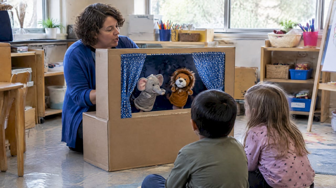 Teacher performing behind a cardboard puppet theater