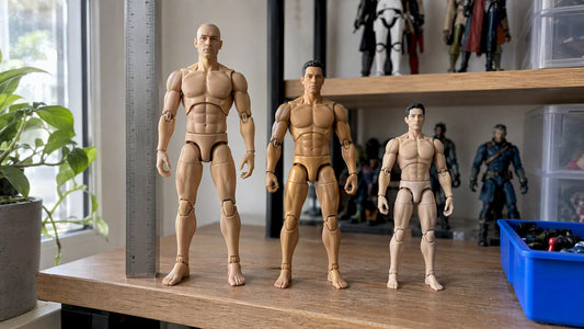 Different-sized action figures beside a ruler