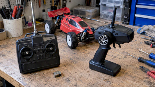 RC transmitters beside a remote-control car