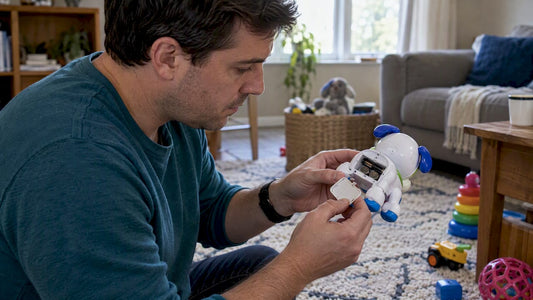 Parent checking a light-up toy battery compartment
