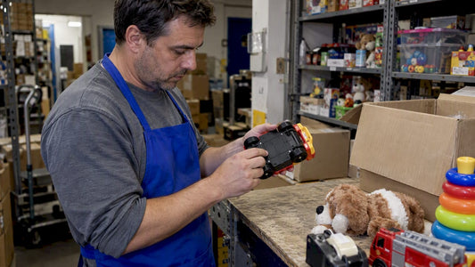 Toy retailer inspecting a battery compartment