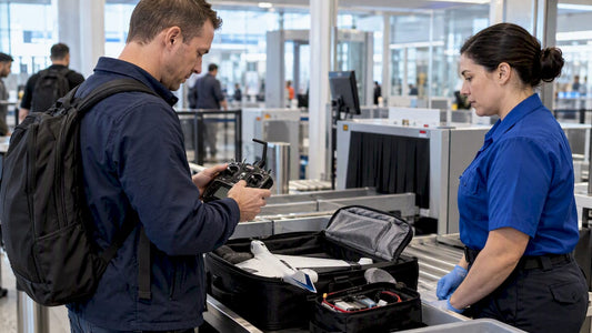 Hobbyist powering on RC transmitter at airport security