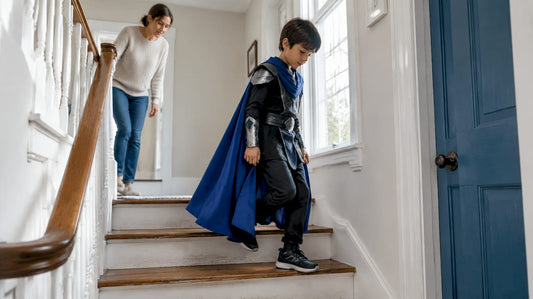 Parent checks child’s costume on stairs