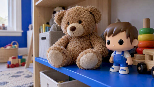 Plush bear beside a smooth vinyl figure