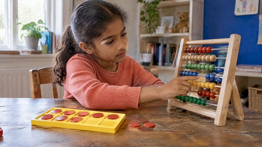 Child comparing a ten frame and abacus