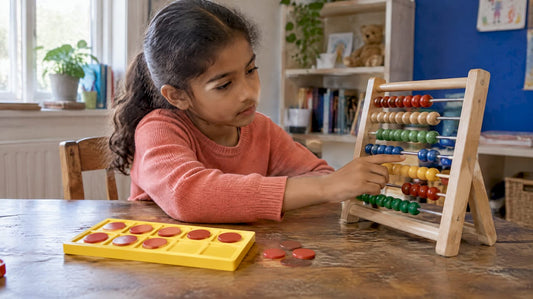 Child comparing a ten frame and abacus