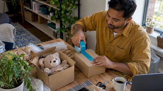 Man packing a toy gift for mailing