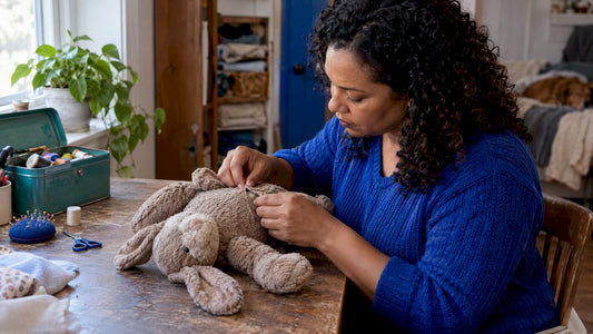 Woman inspecting a stuffed animal seam
