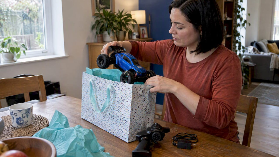 Remote-controlled toy car going into gift bag