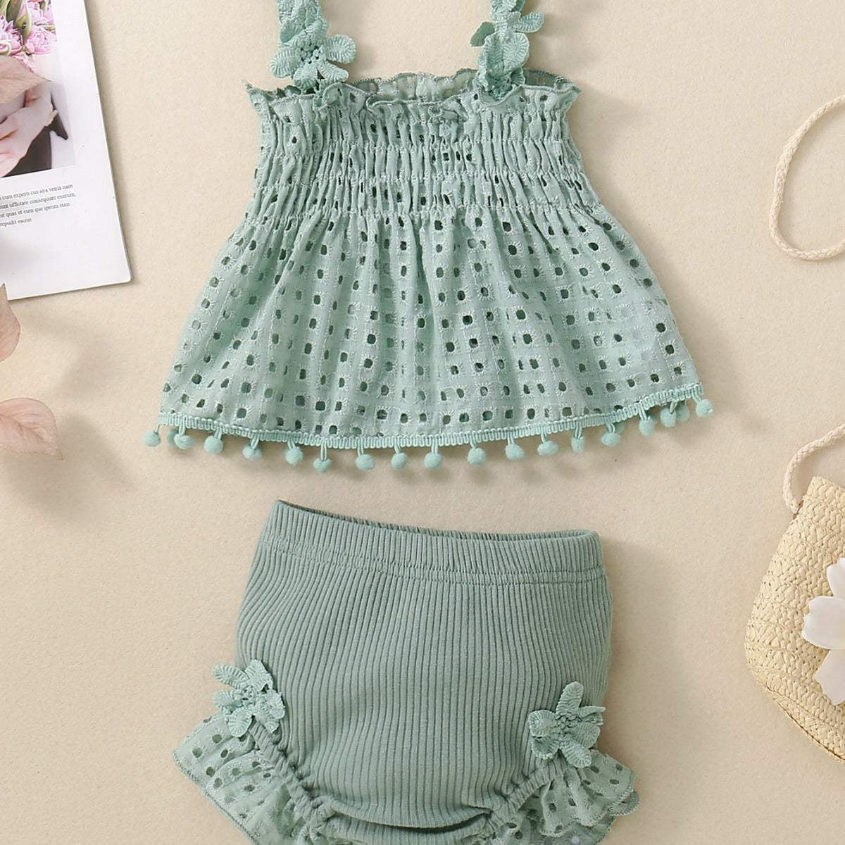 Baby Girl Knitted Cotton Two-Piece Suit | Green, Pink, Apricot