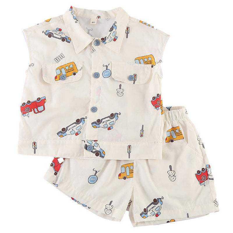 Kids' Thin Summer Shirt Set | Cartoon Car And Hot Air Balloon