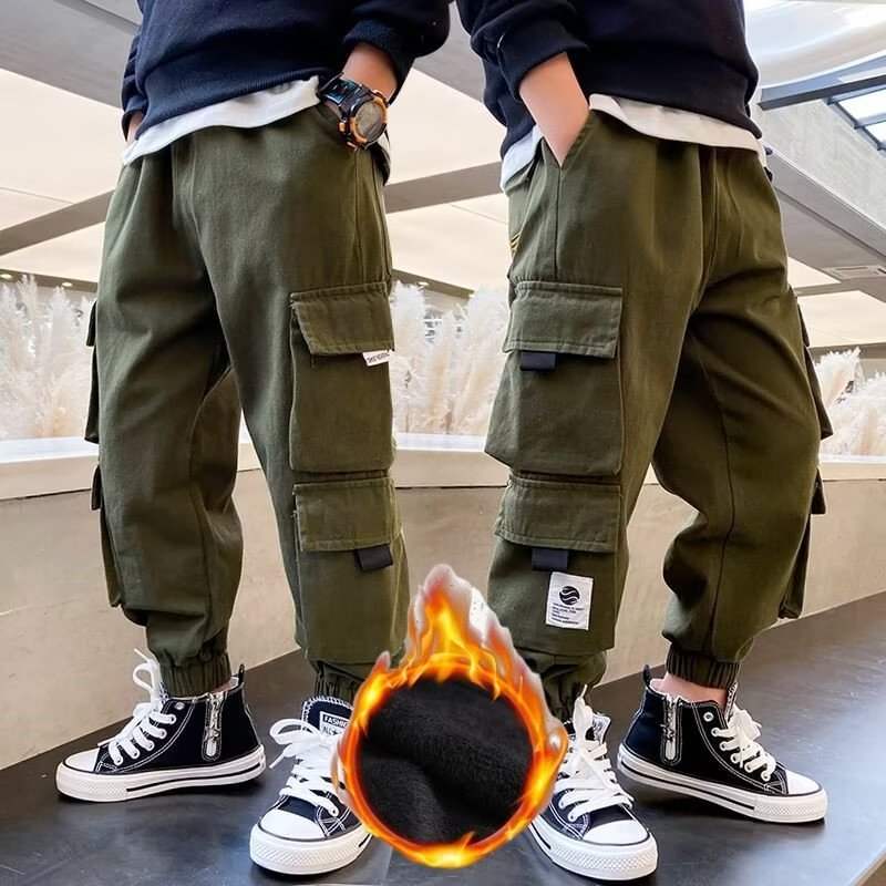 Big Kids' Multi-Pocket Fleece Cargo Work Pants | Ankle-Tie | Black And Green
