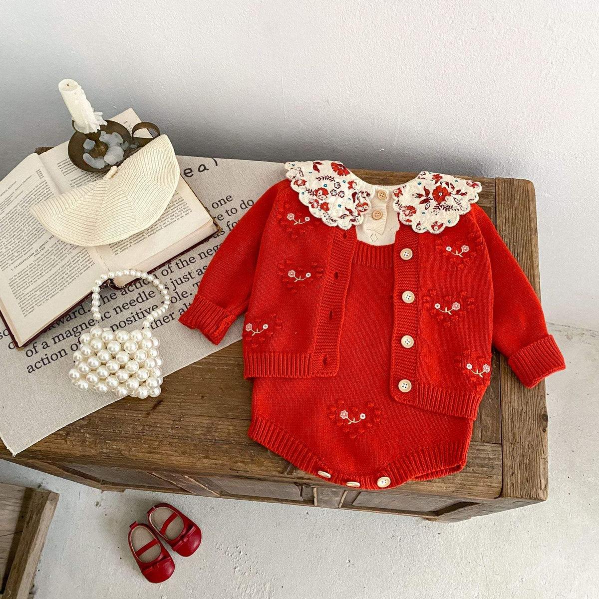 Baby Girl Red Heart Embroidered Coat And Jumpsuit | Cotton | Two-Piece Set