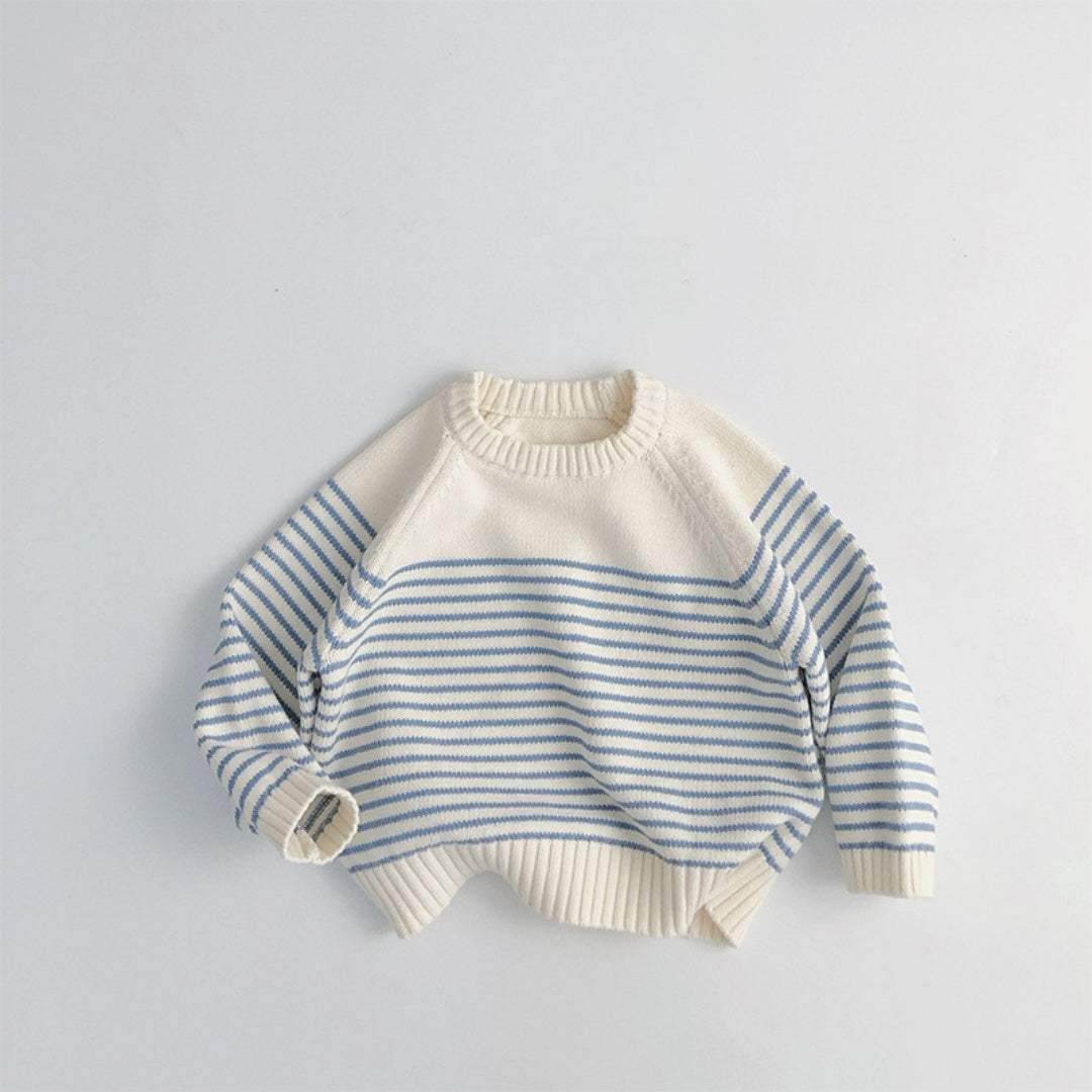 Kids' Korean-Style Loose Striped Knitted Sweater Coat | Navy Blue