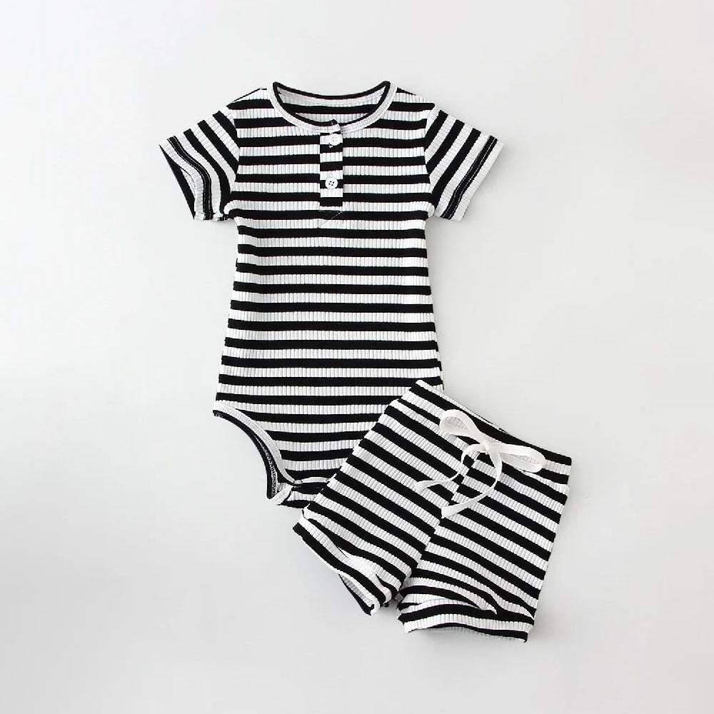 Boys' Summer Round-Neck Romper Suit | Two-Piece | Striped And Solid