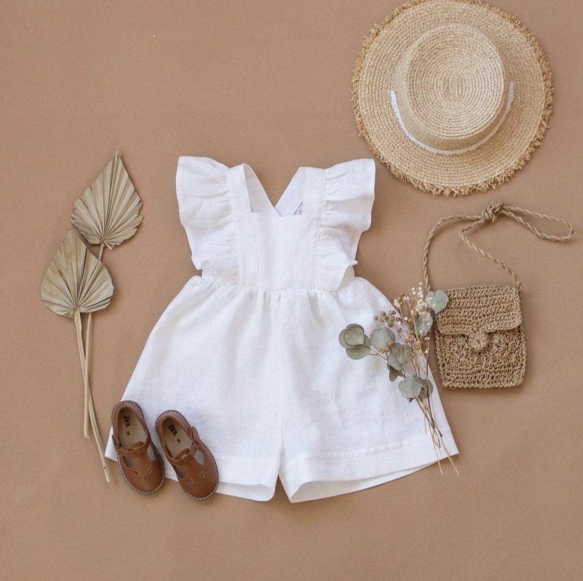 Infant Cotton And Linen One-Piece Strap Shorts Romper | Green, Apricot, Brown And Khaki