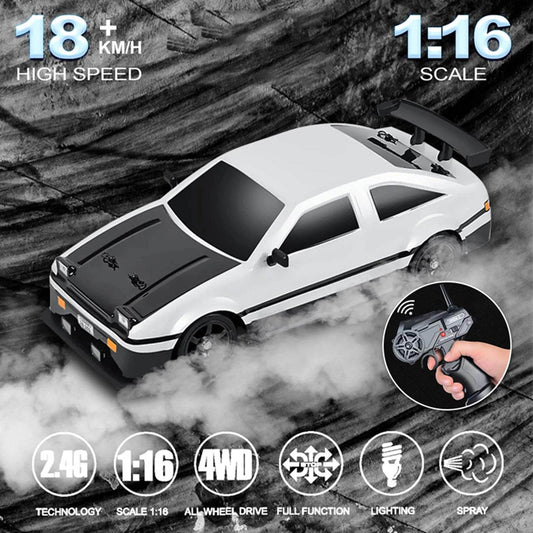 1:16 Scale Kids Remote Control Car High Speed Rechargeable Drift Car 4WD Racing with LED Lights Spray - ToylandEU