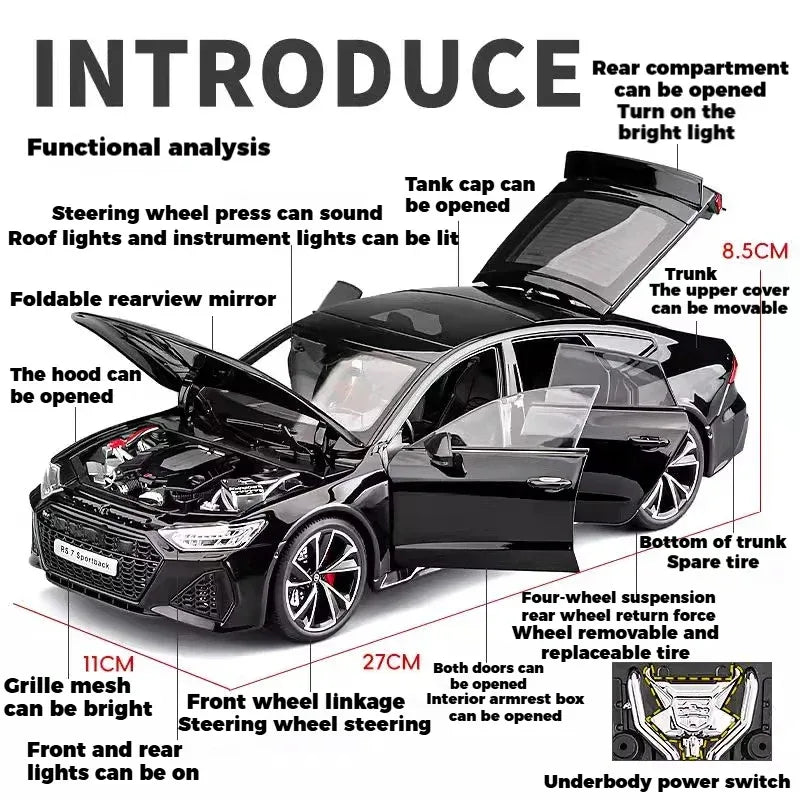 1:18 Audi RS7 Sportback Black Warrior Diecast Alloy RC Car with Sound and Light - ToylandEU