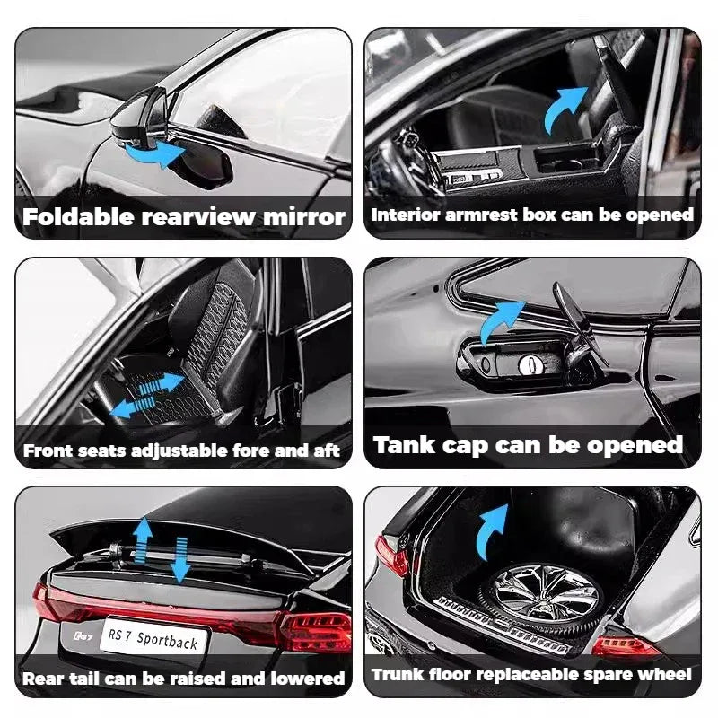 1:18 Audi RS7 Sportback Black Warrior Diecast Alloy RC Car with Sound and Light - ToylandEU