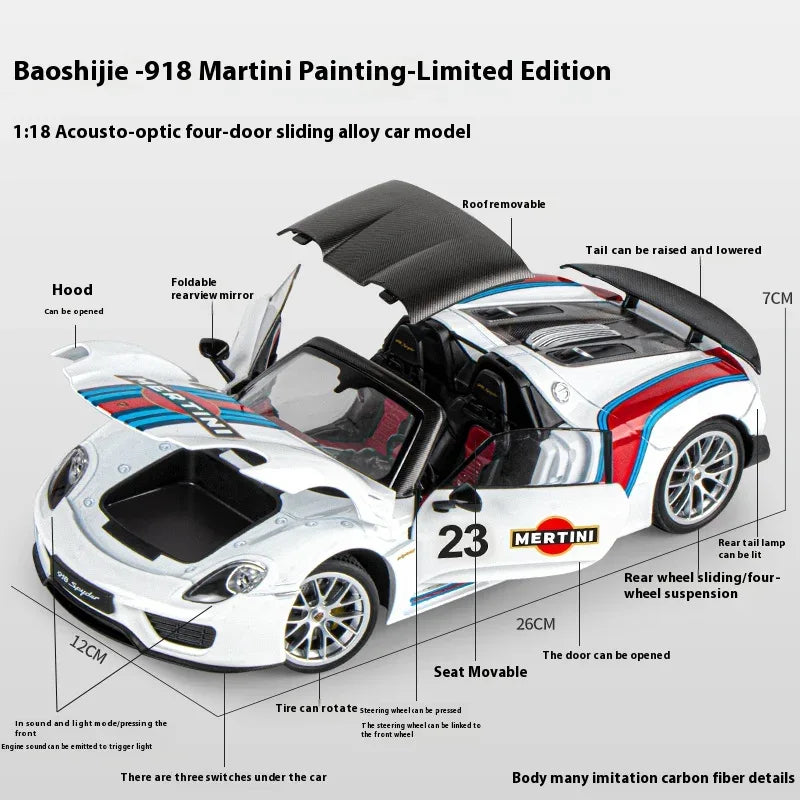 1:18 Porsche 918 Martini Diecast Alloy Model Car Limited Edition - ToylandEU