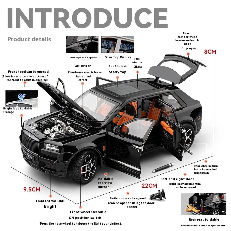 1:20 Rolls Royce Cullinan Diecast Metal Model Car Off Road With Sound And Light - ToylandEU